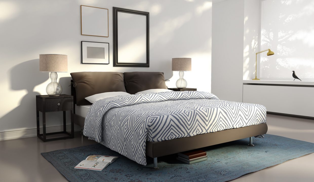 Contemporary elegant, white shiny atmospheric bedroom